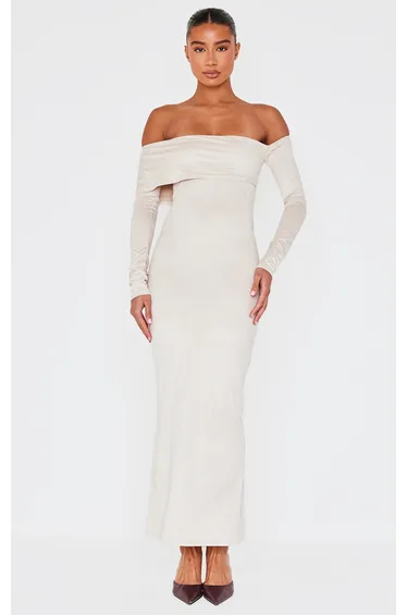 Stone Faux Suede Bardot Long Sleeve Maxi Dress