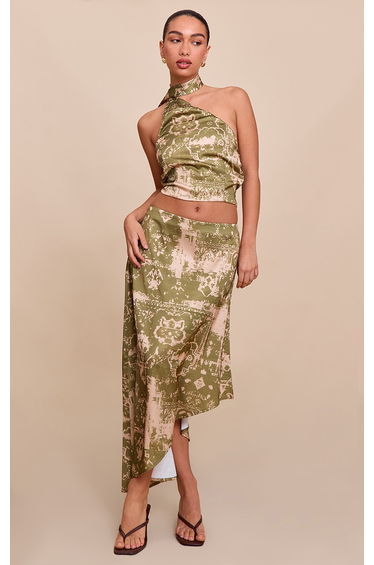 Khaki Printed Satin Asymmetric Midi Skirt