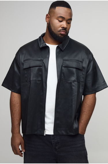 Plus Pleated PU Boxy Oversized Cargo Shirt