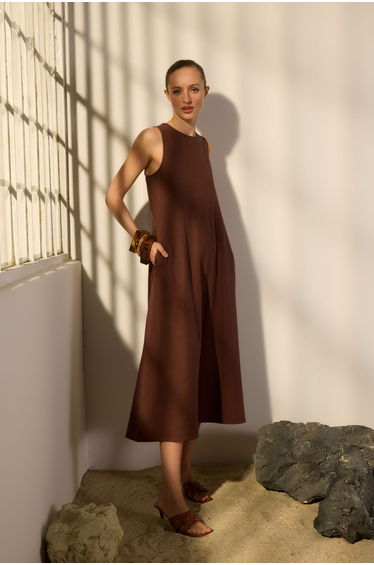 Brown Linen Blend Straight Cut Seam and Pocket Detail Midi Woven Dress