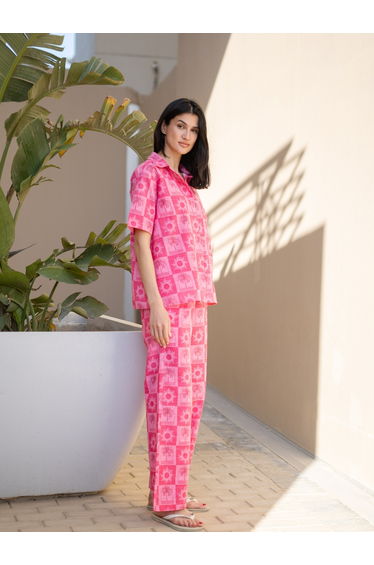 Pink Printed Cotton Shirt and Pants Co-Ord Set