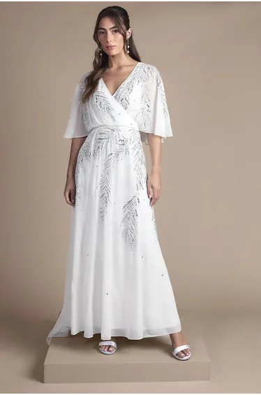Sequin and Embellished Angel Sleeve Wrap Detail Maxi Wedding Dress with Cape Back