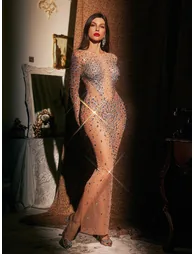 Eormengard Long Sleeve Rhinestone Maxi Dress In Nude - 3