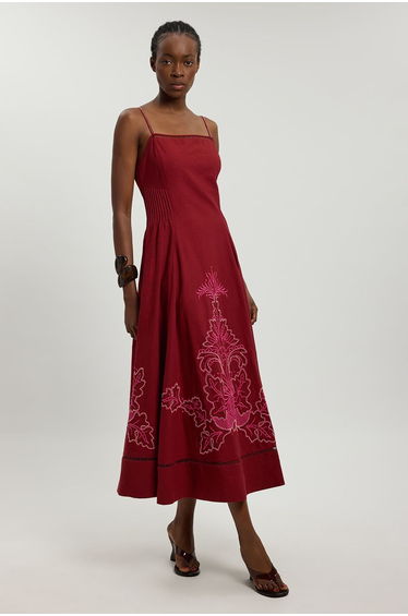 Linen Blend Beaded Cutwork Strappy Midi Dress
