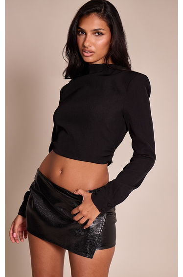 Black Woven Shoulder Pad Detail Long Sleeve Top