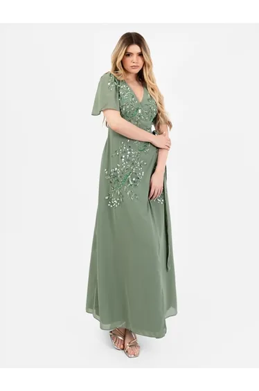 Maya Dark Sage Embellished Short Sleeve Chiffon Wrap Maxi Dress