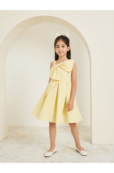 Girl Yellow Sleeveless Jaquard Dress with Bow Detail
