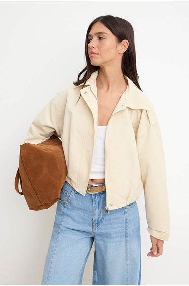 Beige Shirt Collar Bomber Coat