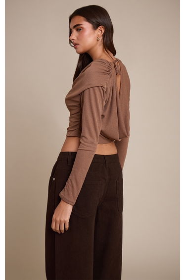 Tan Burnout Mesh Cowl Neck Long Sleeve Top product thumbnail 2