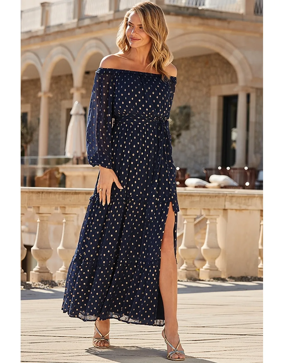 Shop Navy Blue & Gold Metallic Spot Tiered Hem Bardot Maxi Dress Online in  Oman