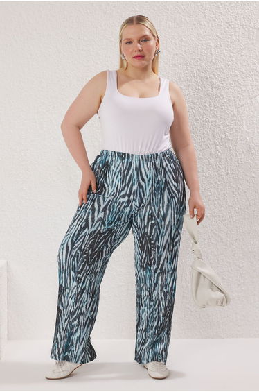 Navy Blue Pleated Patterned Wide Leg Knitted Plus Size Trousers