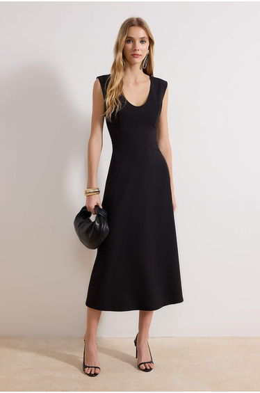 Black Deep-Cut Midi Woven Dress