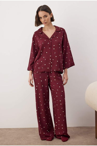 Burgundy printed shally woven pajama set