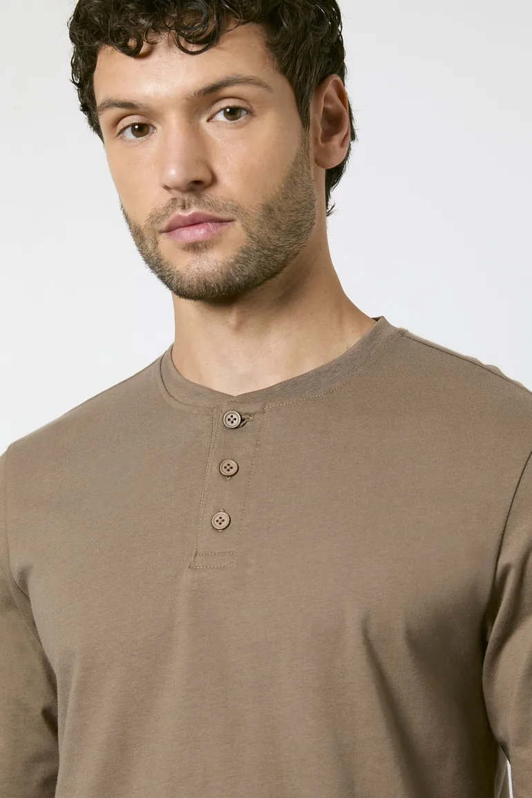 Walnut Long Sleeve Grandad Neck T-shirt - 1