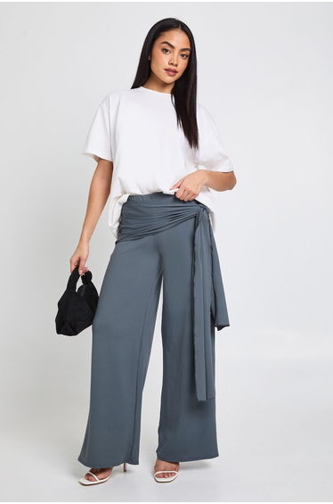 Double Layer Matte Slinky Tie Waist Trouser - charcoal