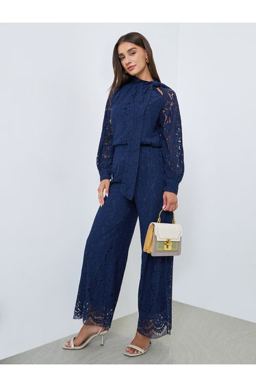 Navy Blue Lace Tie Up Neck Blouse