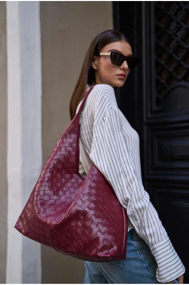 Claret Red Women's Knitted Patterned Leather Shoulder Bag