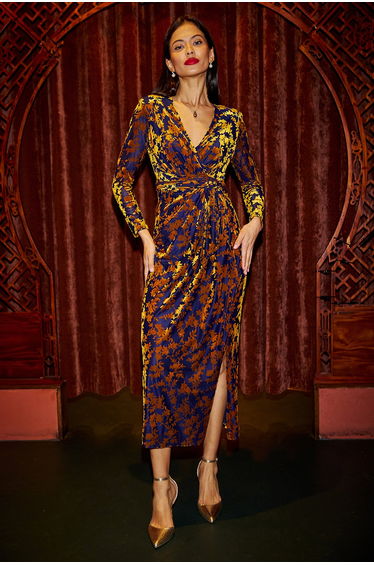 Yumi Navy Velour Stretch Midi Dress With Long Sleeves