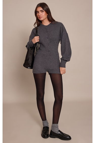 Grey Ribbed Button Up Unitard