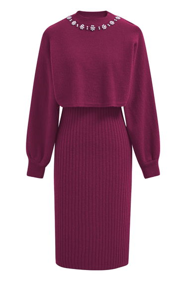 Pearl Neckline Ribbed Knit Twinset Dress in Magenta product thumbnail 3