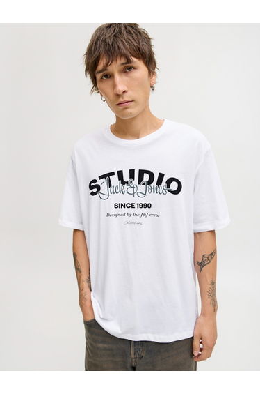 White Relaxed Fit Text Print T-Shirt