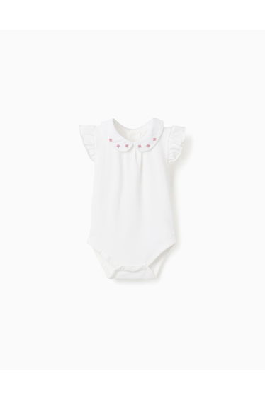 Short Sleeve Bodysuit With Embroidered Collar For Newborn Girls, White