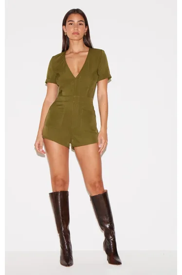 Khaki Woven Plunge Utility Short Sleeve Playsuit
