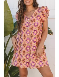 Lvness Orange Geometric Floral V Neck Buttoned Ruffled Sleeve Mini Dress - 2