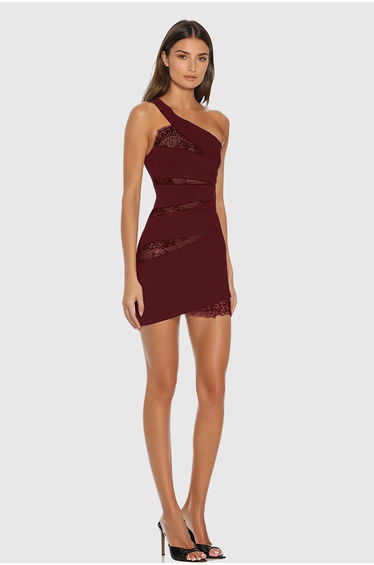 Bidelia Lace Mesh Single Shoulder Mini Dress In Red