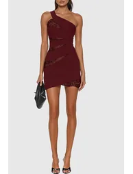 Bidelia Lace Mesh Single Shoulder Mini Dress In Red - 2