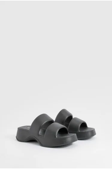 Double Strap Chunky Platform Sliders - black