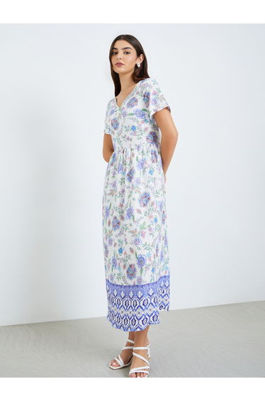 Women Blue Floral Print A-Line Midi Dress