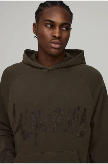 Oversized Washed Embroidered Loopback Hoodie - khaki