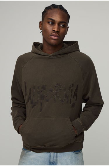 Oversized Washed Embroidered Loopback Hoodie - khaki