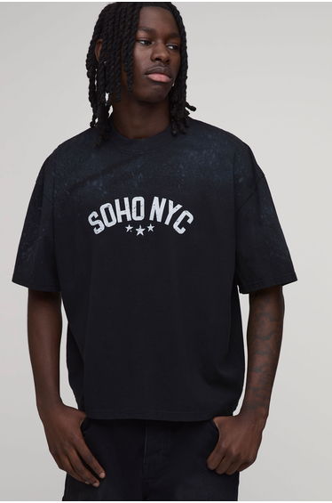 Black Oversized Boxy Spray Wash Soho Print T-Shirt - black