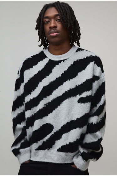 Oversized Boxy Brushed Animal Knitted Jumper - grey