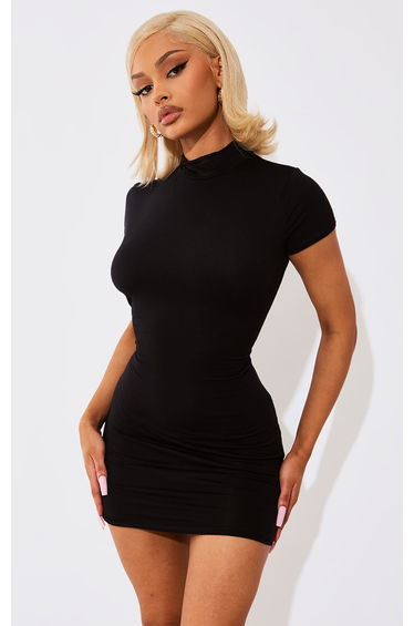 Black Jersey High Neck Cap Sleeve Bodycon Dress