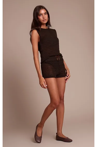 Chocolate Belted Knitted Mini Shorts