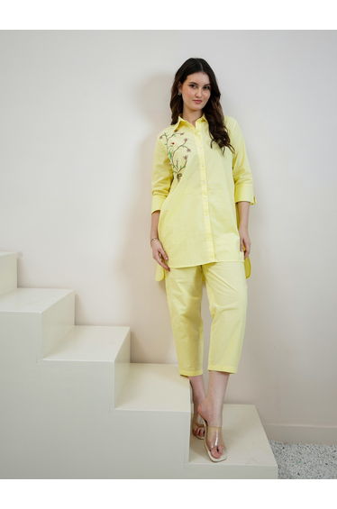 Yellow Cotton Beaded Shirt and Pants Co-ords