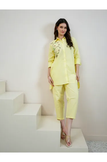 Yellow Cotton Beaded Shirt and Pants Co-ords