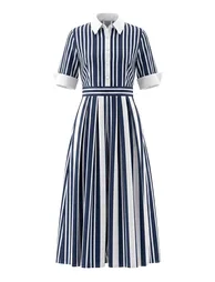 A-Line Loose Buttoned Contrast Color No Belt Striped Lapel Maxi Dresses - 6
