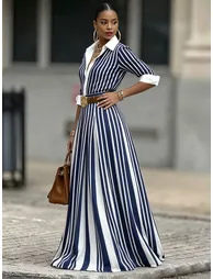 A-Line Loose Buttoned Contrast Color No Belt Striped Lapel Maxi Dresses - 2