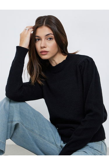 Women Black Knit Lone Sleeve Top