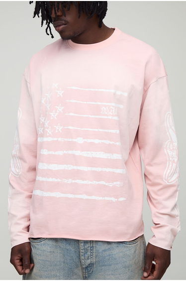 Tall Oversized Boxy USA Graphic Washed Distressed Long-sleeved T-Shirt - pink