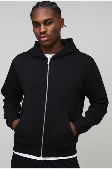 Basic Boxy Zip Through Hoodie - black