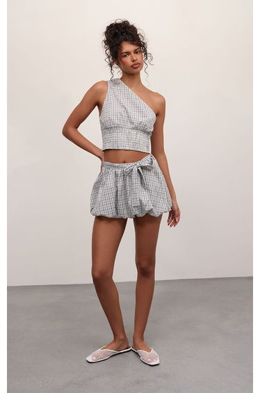 Black Checked One Shoulder Shirred Top