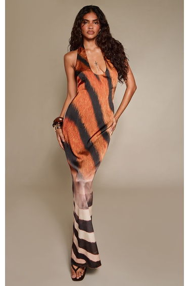 Orange Satin Animal Print Twist Back Maxi Dress