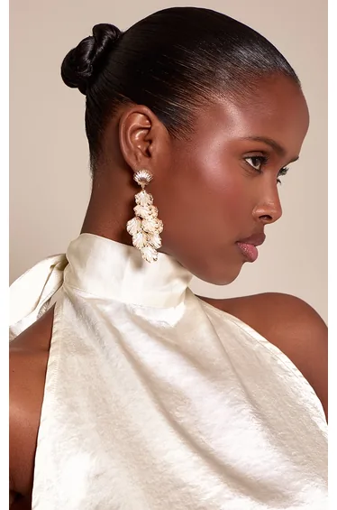 Silver Textured Floral Pearl Draped Earring