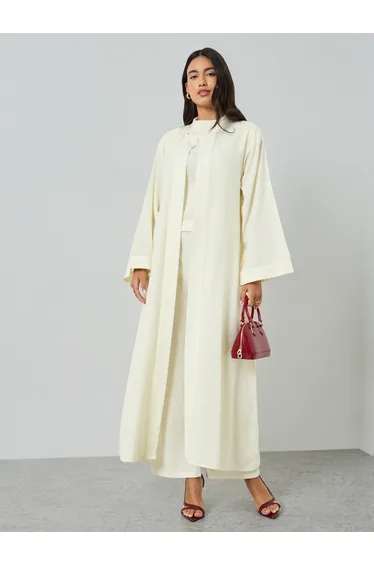Cream Front Open Solid Abaya