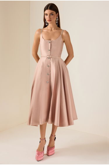Élise Rhinestone Sleeveless Midi Dress in Pink
